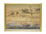 l'image d'une peinture représentant un bateau dans un plan d'eau