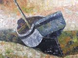 a painting of a shovel and a bucket on the ground
