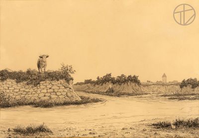 drawing of a cow standing on a stone wall overlooking a body of water