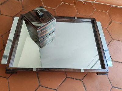 Plateau de service rectangulaire en ébène de Macassar et métal garni à