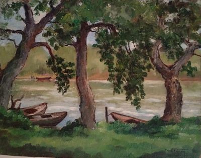 Paul FERON (XXe siècle) Barque au bord de Rivière