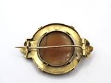 a close up of a gold broochle with a brown stone in it