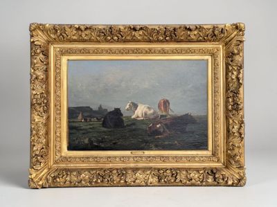 an image of a painting of cows in a field with a house in the background
