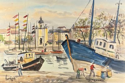 a painting of a boat in the water with other boats in the water