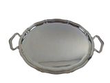 an oval silver tray with handles on a white background