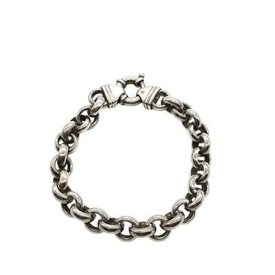 a close up of a chain bracelet on a white background