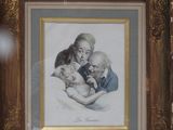 tableau représentant une femme tenant un bébé et un chien, dans un cadre doré