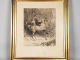painting of a man and woman sitting on a bench in a wooded area