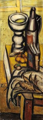 a painting of a still life with a fish on a table