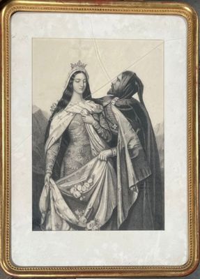 une vieille image représentant une femme coiffée d'une couronne et un homme tenant une épée