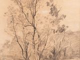 drawing of a tree in a field with a fence in the background