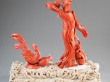 an image of a statue of a woman and two birds on a rock