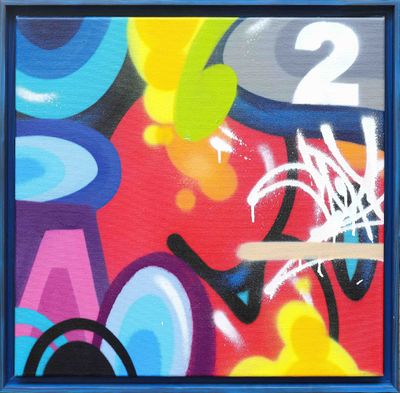 painting of a blue frame with a colorful painting of a number two