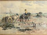 a painting of a man riding a horse on the beach