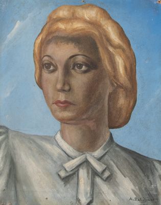 tableau représentant une femme en chemise blanche devant un ciel bleu