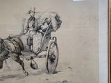 framed drawing of a horse drawn carriage with two men in it