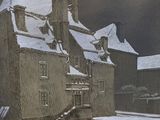 un tableau représentant un bâtiment dont le toit est recouvert d'une épaisse couche de neige