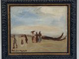 une peinture à l'huile représentant des personnes marchant sur une plage, avec un bateau en arrière-plan