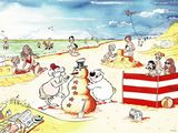 de nombreux personnages de dessins animés sur la plage, en train de jouer dans le sable