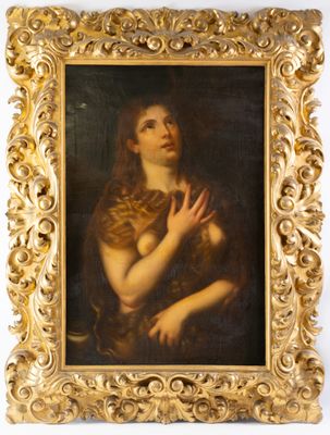 an old painting of a woman holding a cat in a gold frame