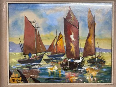 painting of a group of sailboats in the water with red sails