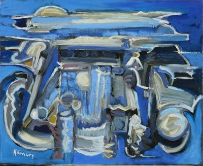 une peinture à l'huile représentant une voiture sur le toit de laquelle est posée une planche de surf