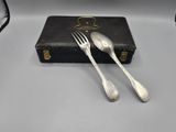 two forks and two spoons sitting on a black case