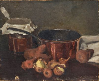 une peinture à l'huile représentant un pot et des légumes posés sur une table