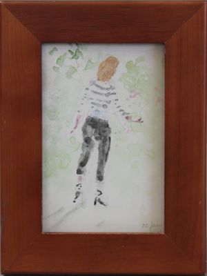 painting of a woman holding a tennis racquet in a wooden frame