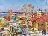une image d'un tableau représentant un village dans la neige