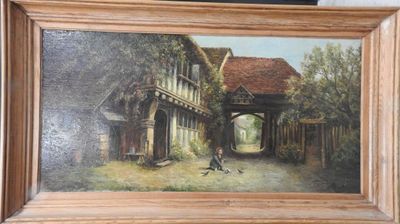 un tableau accroché au mur d'une maison, avec un chien à l'extérieur