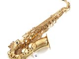 an image of a gold saxophone with a white background