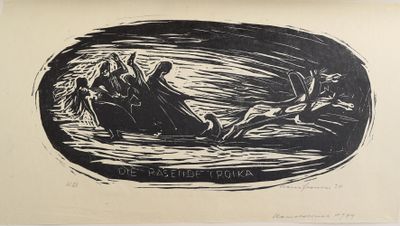 a black and white drawing of two people in a boat