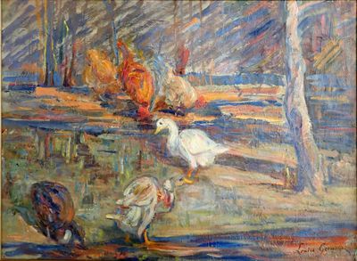a painting of a group of ducks in the water
