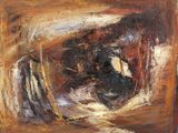 une peinture à l'huile représentant un cheval dans une écurie, avec un autre cheval en arrière-plan