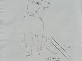 drawing of a dog sitting on the ground next to a bowl of food