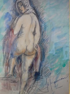 dessin représentant une femme nue assise sur une chaise dans une pièce