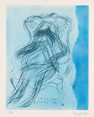 un dessin bleu représentant une femme aux cheveux longs