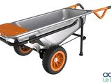 a close up of a wheelbarrower with orange wheels on a white background