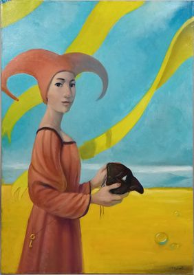 painting of a woman in a red dress holding a bird in her hand