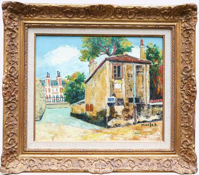 a painting of an old house in a gold frame on a white background