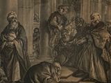 painting of a group of people standing around a man laying on the ground