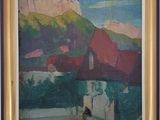 an image of a painting of a mountain scene with a house in the foreground