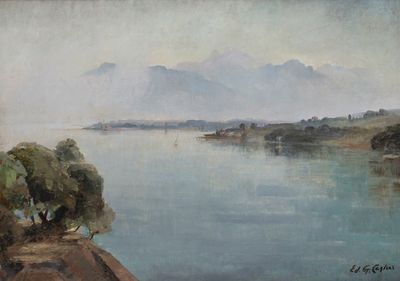painting of a view of a body of water with mountains in the distance