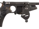 un vieux pistolet sur fond blanc, avec une languette au niveau de la gâchette