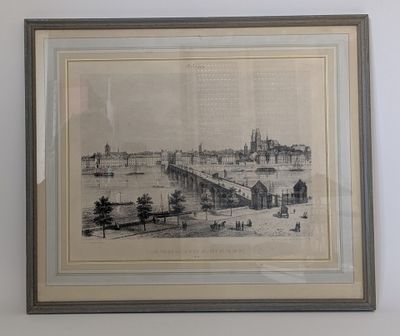 framed drawing of a view of a bridge over a body of water