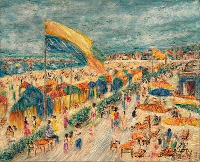 tableau représentant une scène de plage avec des personnes et des parasols par une journée ensoleillée