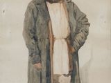 tableau représentant un homme vêtu d'un long manteau et d'un chapeau, debout devant un fond blanc
