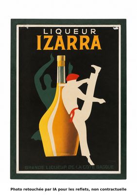 une affiche représentant une femme debout à côté d'une bouteille d'alcool