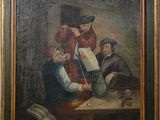 une peinture à l'huile représentant un groupe d'hommes assis autour d'une table